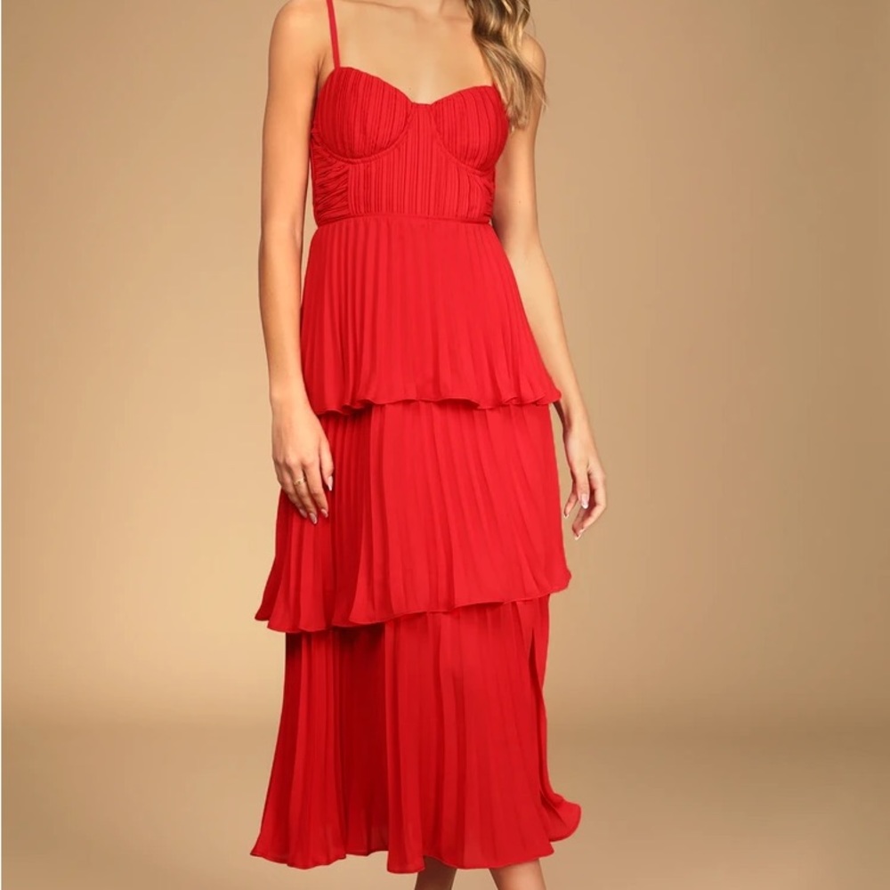 Cascading Crush Red Tiered Bustier Midi Dress